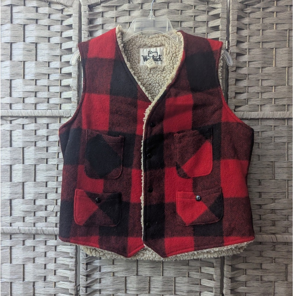 Vtg 90s Woolrich Vest Red Black Buffalo Plaid Sherpa Lined Sz M Cabincore